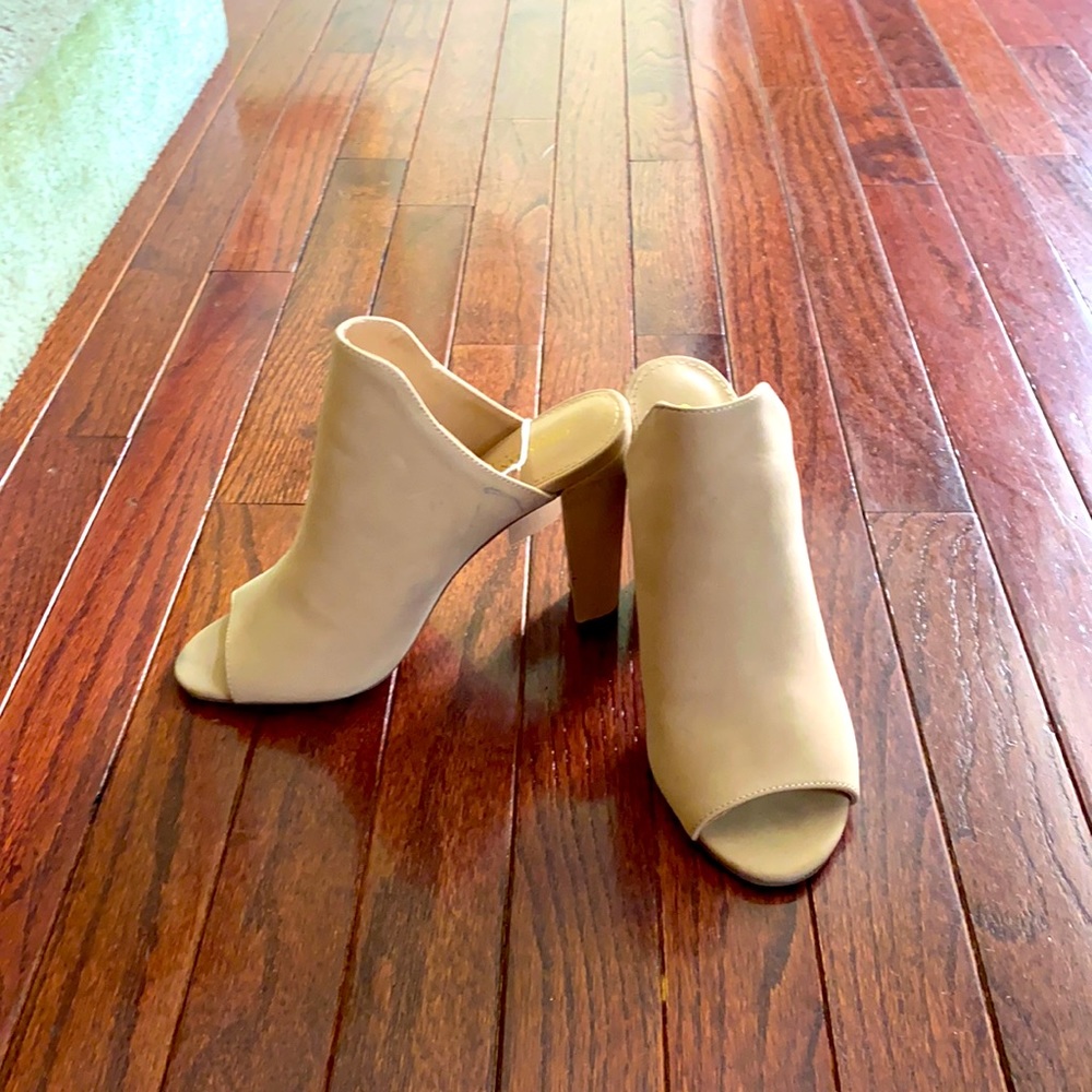 Tan heeled backless peep toe sandal